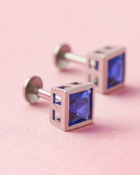 Sapphire Square Rhodium Studs in 92.5 Silver
