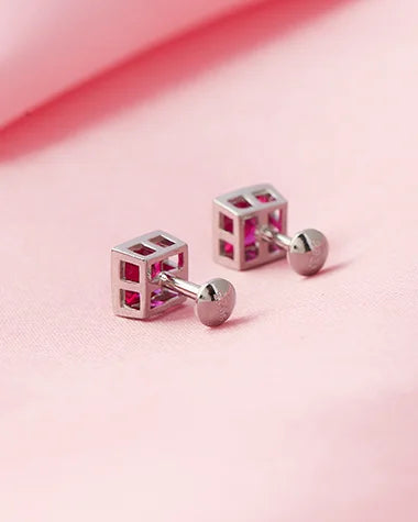 Ruby Square Rhodium Studs in 92.5 Silver