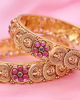 Antique Lakshmi Ruby Floral Bangle in 92.5 Silver