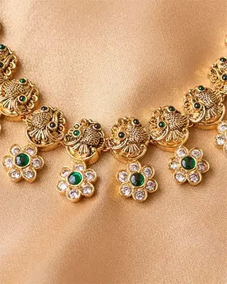 Antique Peacock Floral Necklace in 92.5 Silver