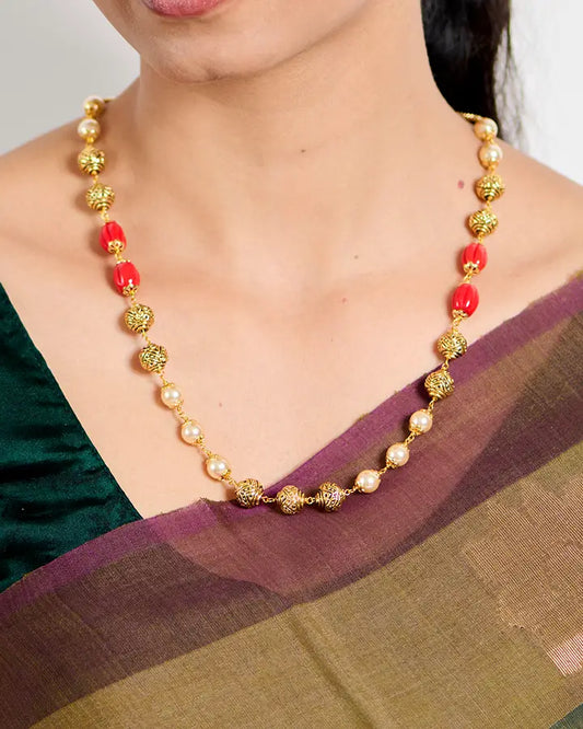 Antique Coral & Pearl Beads Mala in 92.5 Silver