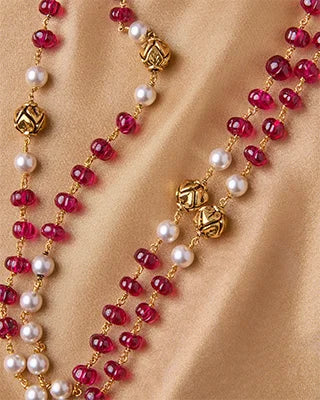 Antique 2-Layer Ruby & Pearl Mala in 92.5 Silver