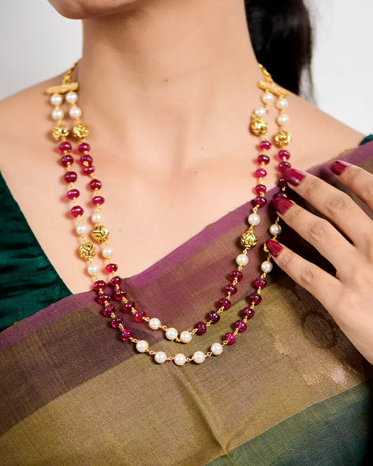 Antique 2-Layer Ruby & Pearl Mala in 92.5 Silver