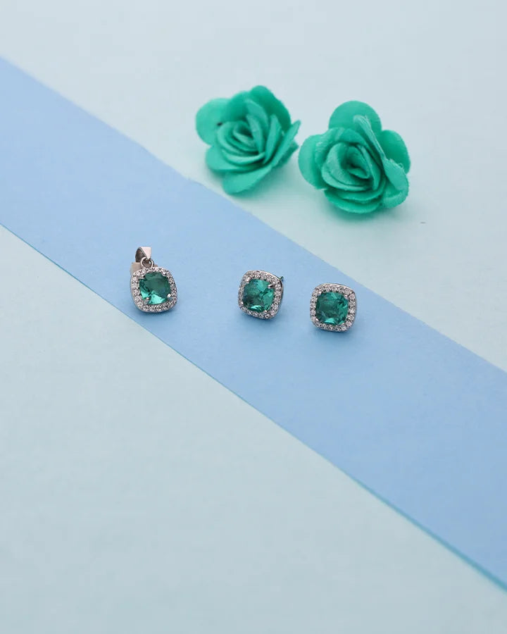 Emerald Square Pendant Set  in 92.5 Silver