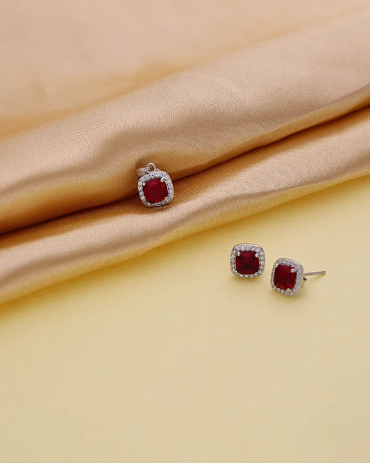 Crimson Square Pendant Set  in 92.5 Silver