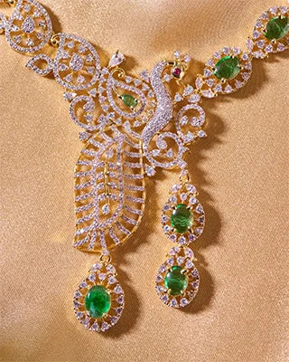 Mayurrekha Emerald Peacock Necklace in 92.5 Silver