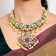 Maharani’s Elegance Necklace with Ruby and Pearl Hangings