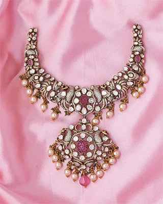 Maharani’s Elegance Necklace with Ruby and Pearl in 92.5 Silver Hangings