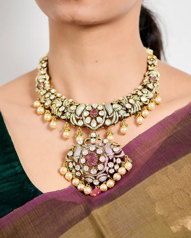 Maharani’s Elegance Necklace with Ruby and Pearl in 92.5 Silver Hangings