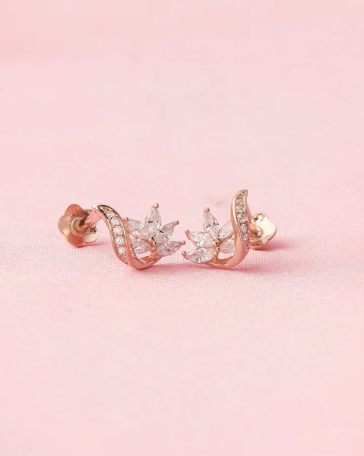 Rose Gold Floral Curve Studs in 92.5 Silver