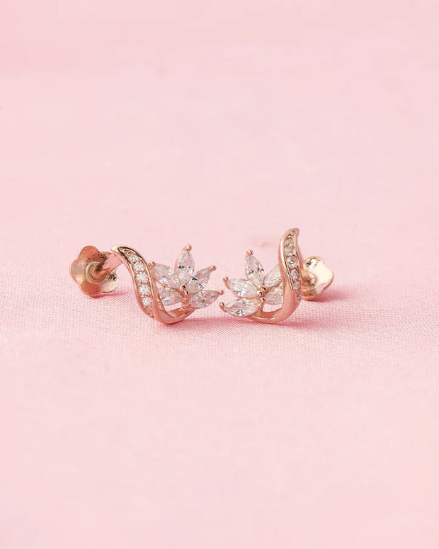 Rose Gold Floral Curve Studs in 92.5 Silver
