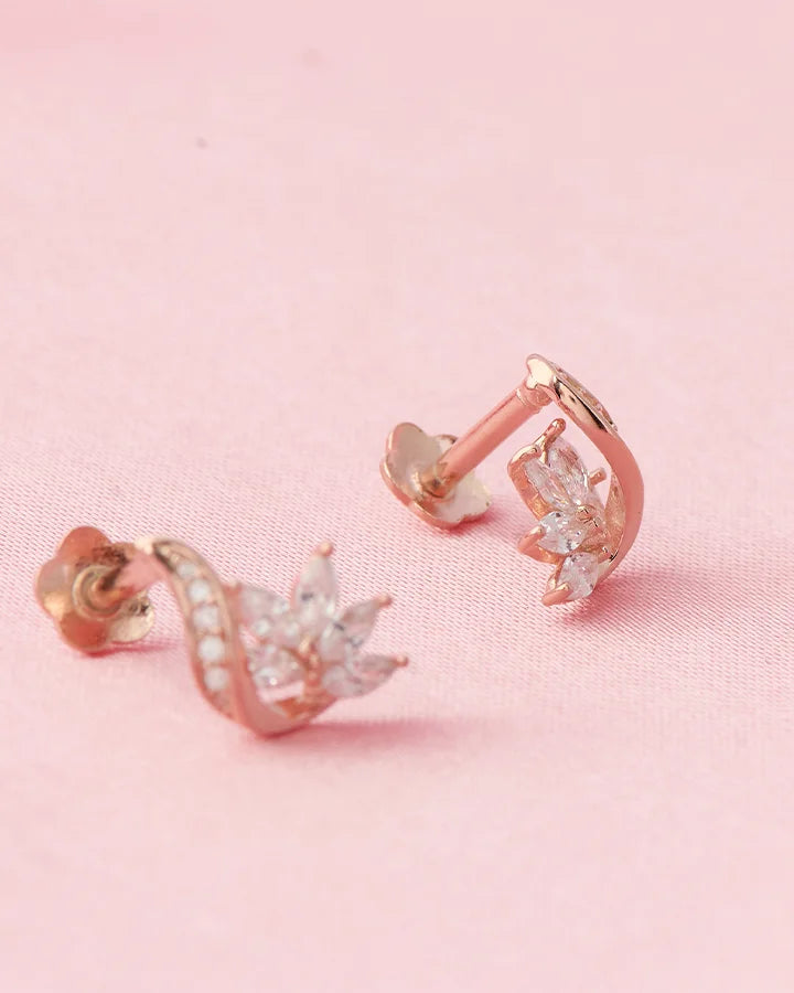 Rose Gold Floral Curve Studs in 92.5 Silver