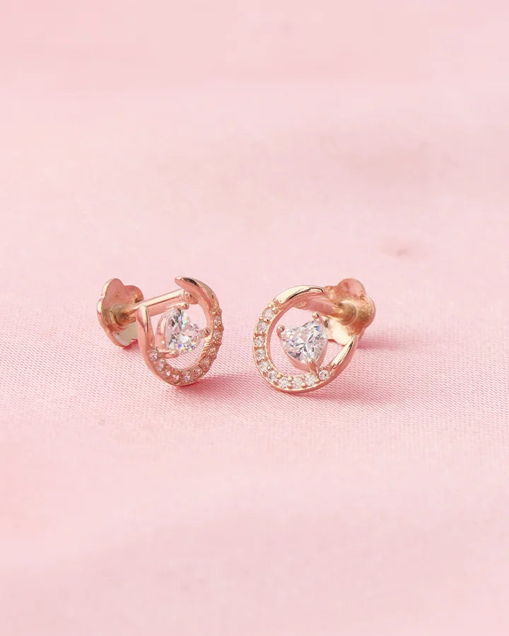 Moonlit Heart Rose Gold Studs in 92.5 Silver