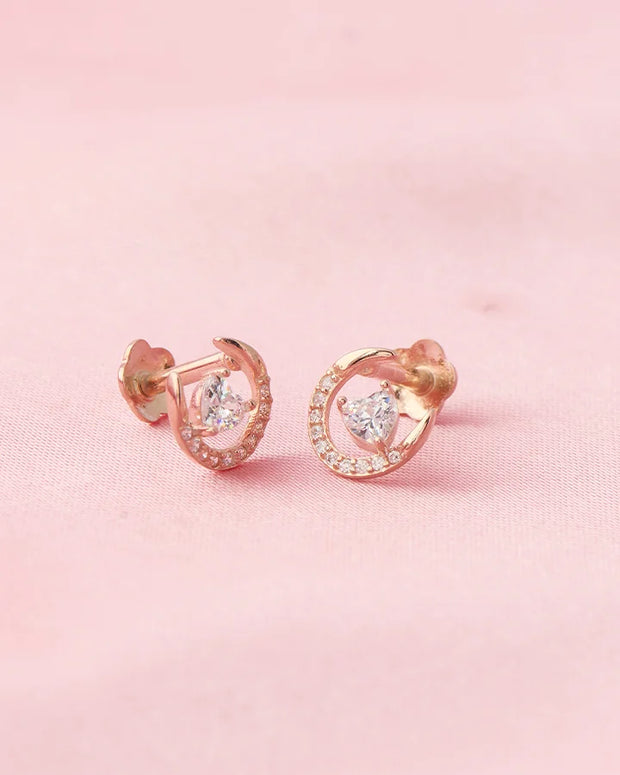 Moonlit Heart Rose Gold Studs in 92.5 Silver