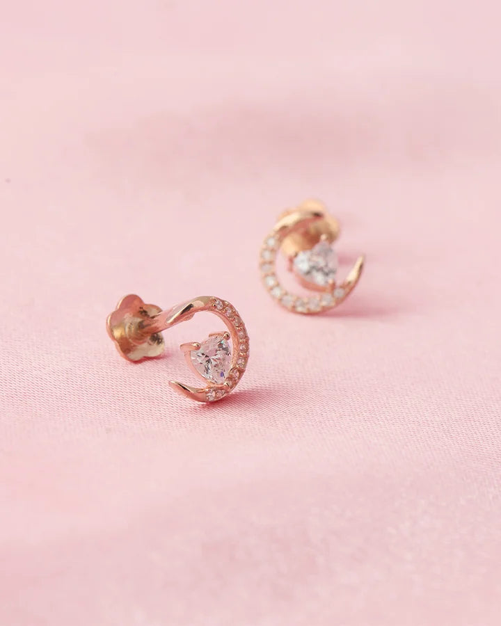 Moonlit Heart Rose Gold Studs in 92.5 Silver