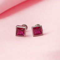 Ruby Square Rhodium Studs in 92.5 Silver