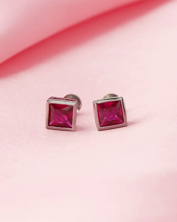 Ruby Square Rhodium Studs in 92.5 Silver