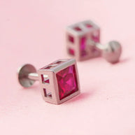Ruby Square Rhodium Studs in 92.5 Silver