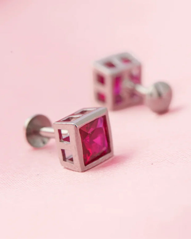 Ruby Square Rhodium Studs in 92.5 Silver