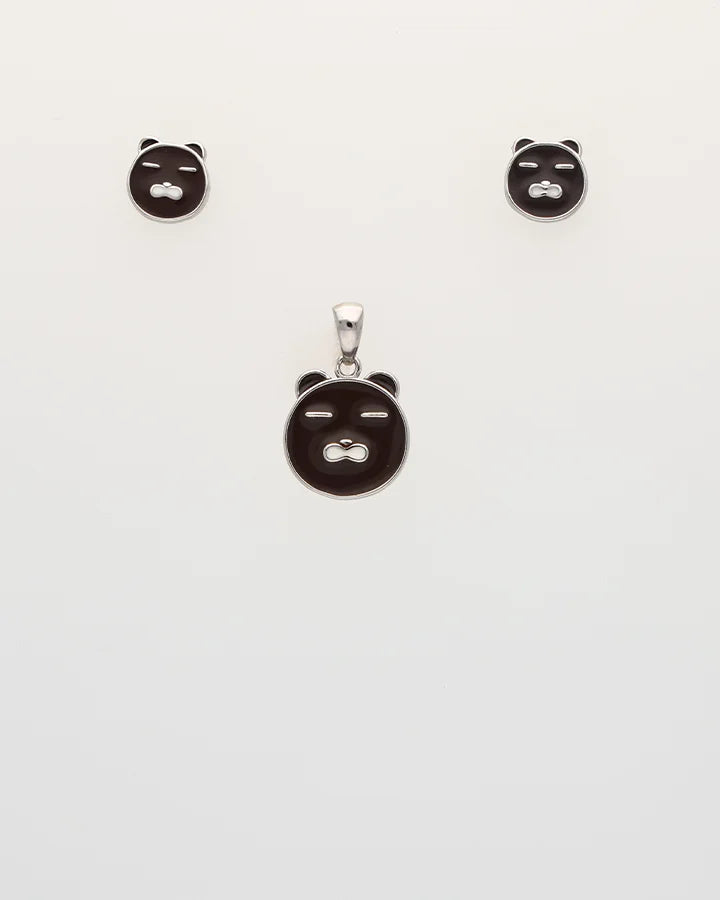 Rhodium Enamel Brown Teddy Bear Pendant Set in 92.5 Silver