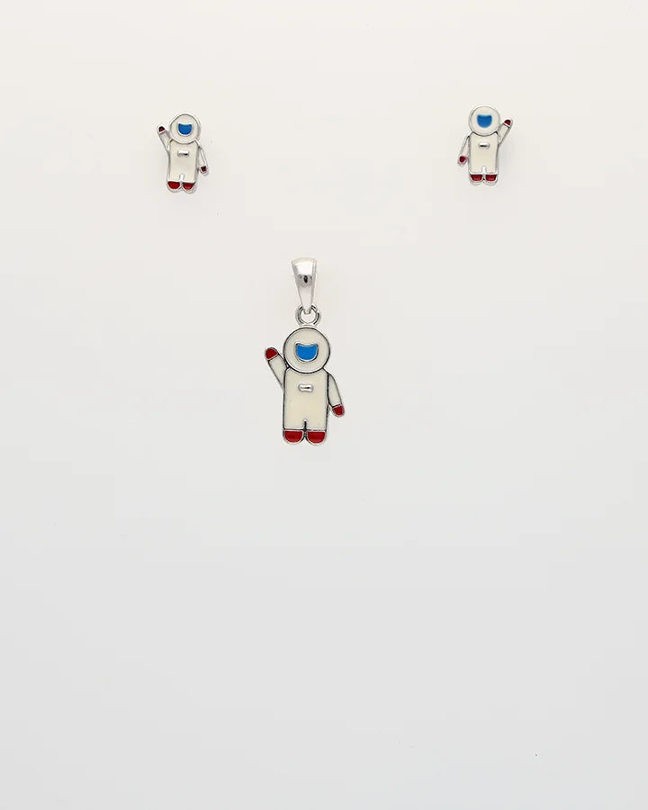 Rhodium Enamel White Astronaut Pendant Set in 92.5 Silver