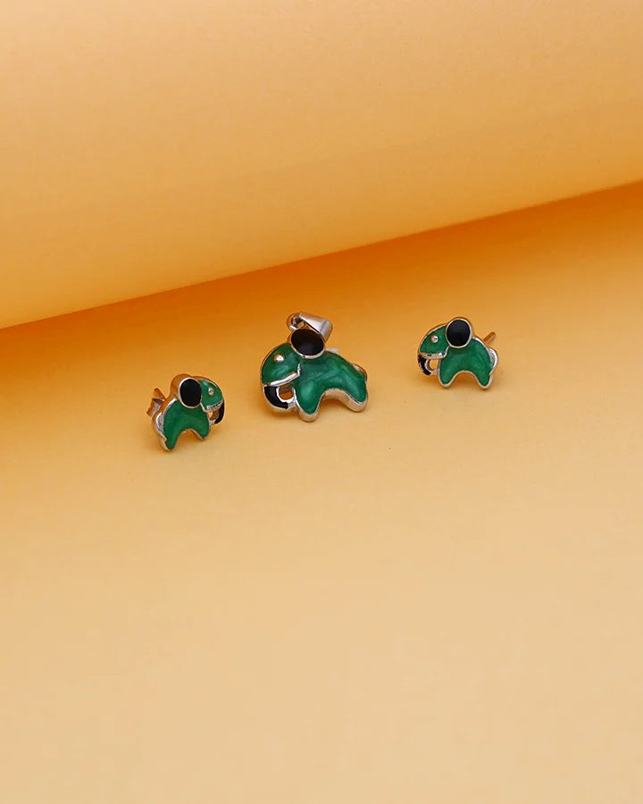 Rhodium Enamel Green Elephant Pendant Set in 92.5 Silver