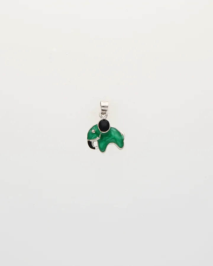 Rhodium Enamel Green Elephant Pendant Set in 92.5 Silver