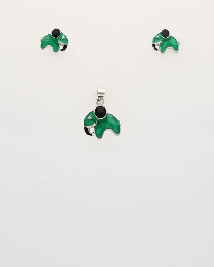 Rhodium Enamel Green Elephant Pendant Set in 92.5 Silver