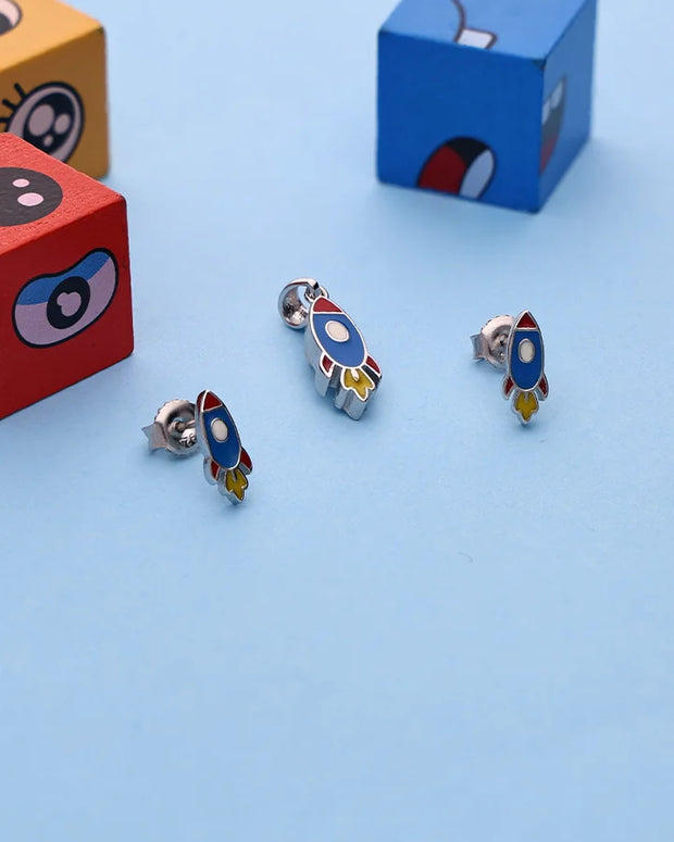 Rhodium Enamel Blue Rocket Pendant Set in 92.5 Silver