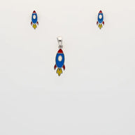Rhodium Enamel Blue Rocket Pendant Set in 92.5 Silver