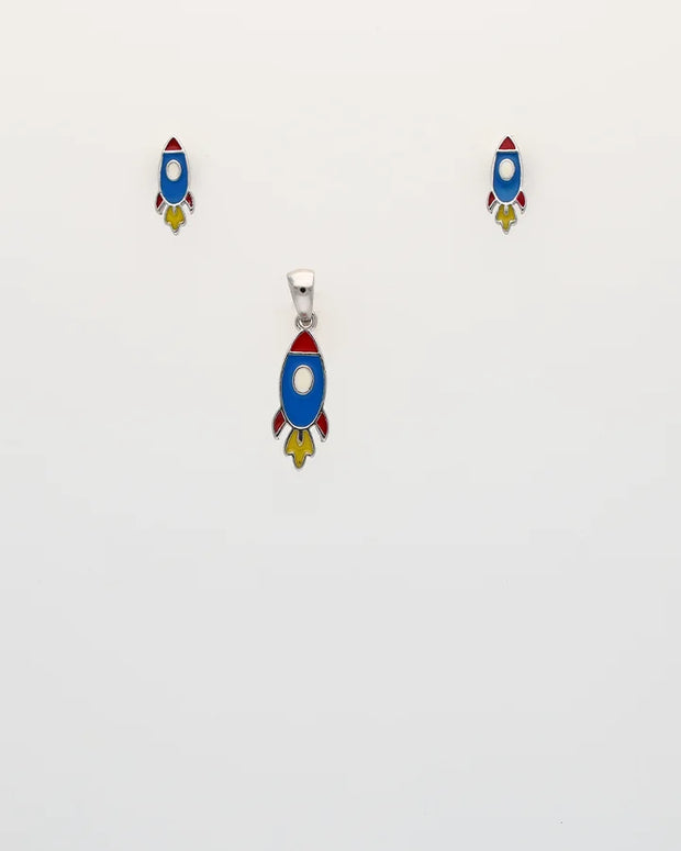Rhodium Enamel Blue Rocket Pendant Set in 92.5 Silver