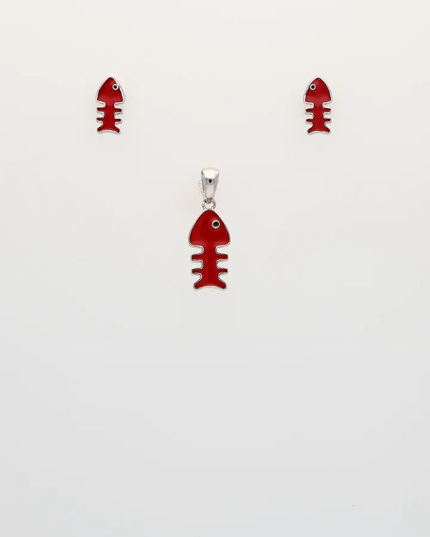 Rhodium Enamel Red Fish Pendant Set in 92.5 Silver