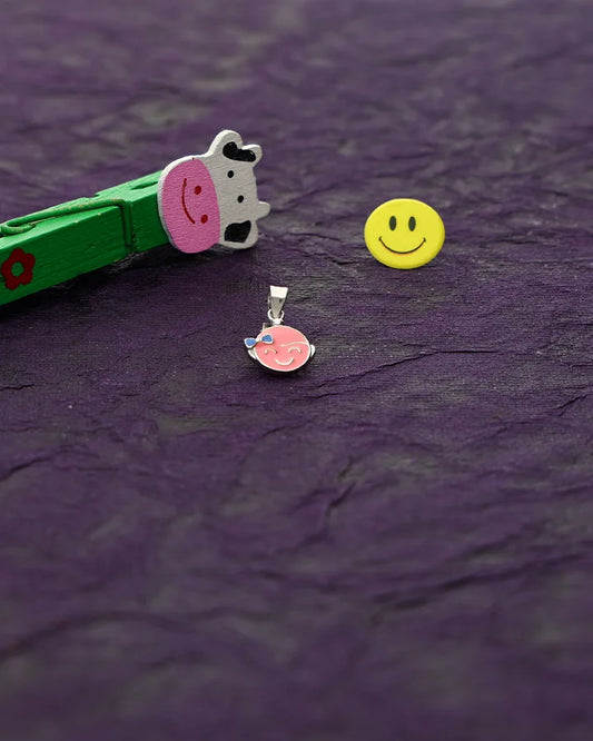 Laughing Pink Girl Enamel Pendant in 92.5 Silver