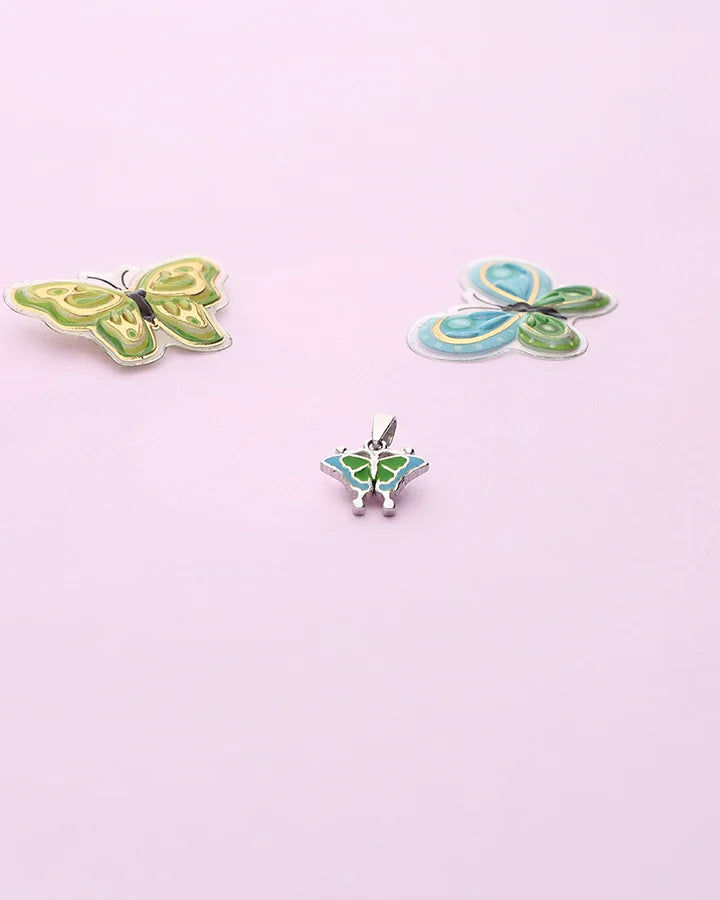 Green & Blue Butterfly Enamel Pendant in 92.5 Silver