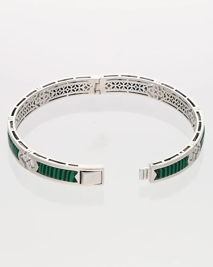 Rhodium Wood Green Enamel Kada in 92.5 Silver