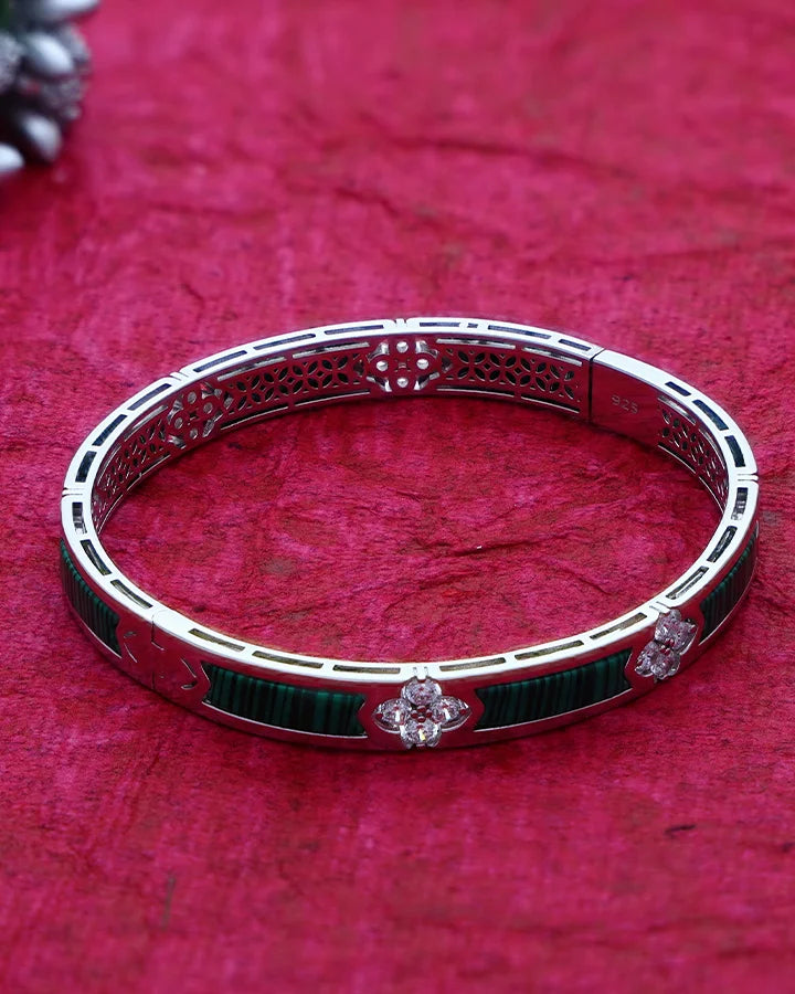 Rhodium Wood Green Enamel Kada in 92.5 Silver