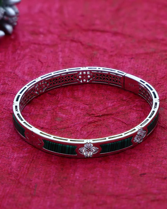 Rhodium Wood Green Enamel Kada in 92.5 Silver