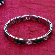 Rhodium Wood Green Enamel Kada in 92.5 Silver