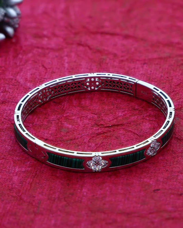 Rhodium Wood Green Enamel Kada in 92.5 Silver