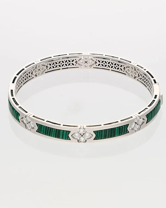 Rhodium Wood Green Enamel Kada in 92.5 Silver