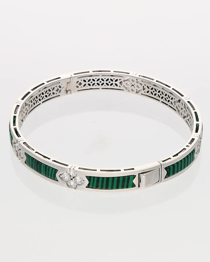 Rhodium Wood Green Enamel Kada in 92.5 Silver