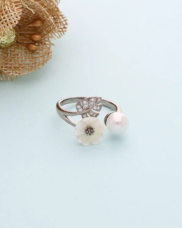 Sylva Pearl Floral Leaf Ring in 92.5 Silver